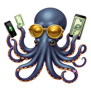 Intimidating octopus with pearl black skin, neon suction cups. Wearing mirrored sunglasses and a gold chain. 3 tentacles are holding their own cellphone, 2 other tentacles are holding stacks of money sticker
