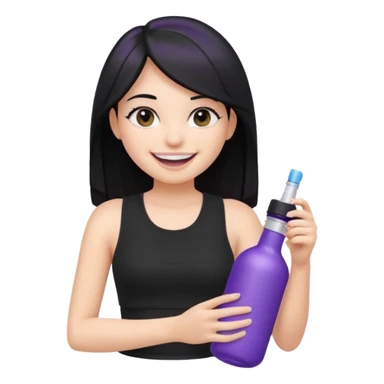 apple style emoji of a fair-skinned girl with beautiful black hair, wearing a black crop top, smiling widely with very white teeth, holding a simplified white and purple cylinder bottle, no text or branding sticker