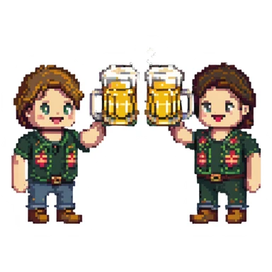 retro pixel art of two friends toasting with beer sticker