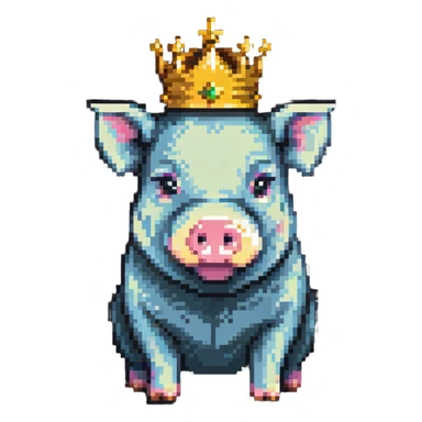 cute pig with a golden crown, chunky, colorful, simple, playful, pixel art style sticker
