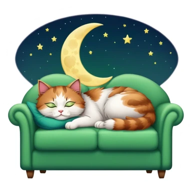 tricolor fluffy cat with big green eyes sleeping on a sofa with a moon above her sticker