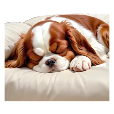 Cinematic Meme-Worthy Chubby Sleeping Cavalier King Charles Spaniel Portrait Emoji, Head resting peacefully with a contented smile, showcasing a delightfully chubby build and a luxuriously soft coat of chestnut and white, eyes shut in a serene nap, Simplified yet hilariously adorable features, highly detailed, glowing with a soft, drowsy light, high shine, relaxed and utterly lovable, stylized with an air of playful laziness, bright and heartwarming, soft glowing outline, capturing the essence of a comically sleepy Cavalier King Charles Spaniel, so meme-worthy it feels like it could instantly become the next viral sensation of adorable slumber! sticker
