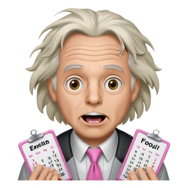 Doc Brown, in Back to the Future, with his hair all over the place and his mouth wide open. No glasses. Wearing a silver dress with black trim, a pink collared shirt and a white tie, holding a calendar.  sticker