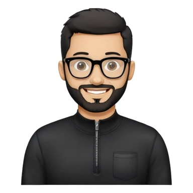 Light-skinned man with very short black hair, short salt and pepper beard, big black glasses frames, happy smile, black long sleeve zip-neck shirt sticker