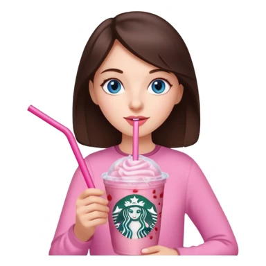 make an emoji of a brunette blue eye girl wearing light pink drinking a strawberry acai refresher from starbucks sticker
