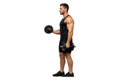 uomo fitness di profilo a figura intera con manubrio da palestra in mano, iperrealistico 4k sticker