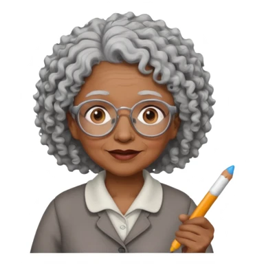 old woman teacher, brown skin, curly grey white hai, wearing glasses, hold chalk on hand sticker