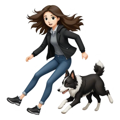 A beautiful tall girl with fair skin and long hair wearing a black jacket running with a Border Collie sticker