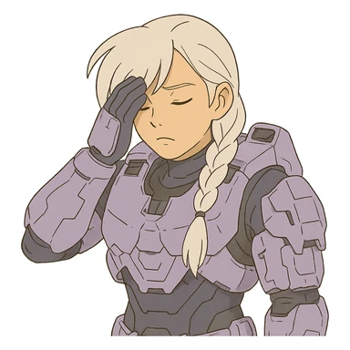 female, wearing reach spartan armor shoulder-unequip, long white braid hair with massive messy front side single bangs, gold yellow eyes, attention pose, D-cup size, HALO:series, no helmet, the armor is lavender color scheme, facepalm, smh, eyes closed sticker