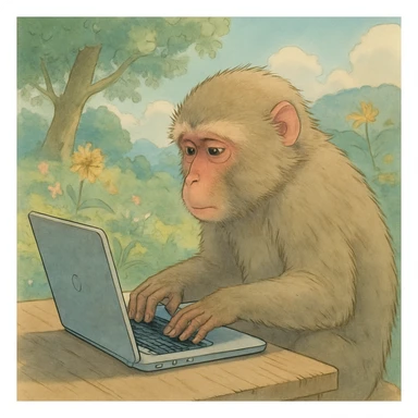 a realistic monkey typing on a laptop, ghibli style sticker