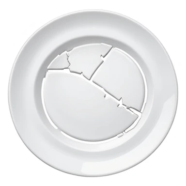 a broken rounded white plate, several piece separated sticker