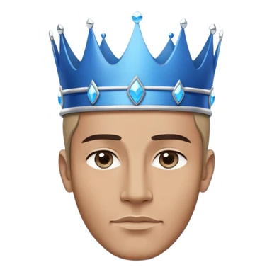 A clean-shaven man wearing a large, modern, minimalist blue crown that is bigger than his face. The crown has a wide, smooth base, no details or gemstones, and a sleek contemporary design. The overall style is minimalistic and elegant sticker