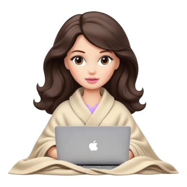 Barbie girl with a long wavy dark brown hair in pale beige clothes inside a pale beige blanket working macbook  sticker