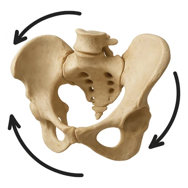 realistic human pelvic bone viewed from the front, rotated clockwise (to the right for the viewer), with clear arrows circling clockwise around the pelvis to highlight the rotation, medical anatomical style, no background sticker