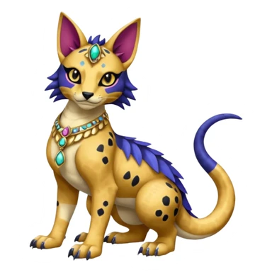 Egyptian furry hyper-realistic colorful with black rosette-splotches, scaley Bastet-Liepard-Noibat-Gatomon-Garchomp-Digimon-Fakémon-Pokémon-creature (full body) sticker