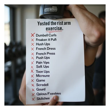 hyperrealistic arm exercise list on paper with exercises like dumbbell curls, french press, push-ups, some exercises marked with red X as incorrect, 4K resolution, sharp details, realistic gym atmosphere sticker