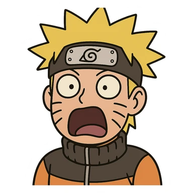 shocked Naruto with spiky blond hair, wide eyes, mouth open, orange headband, simplified anime style for emoji sticker
