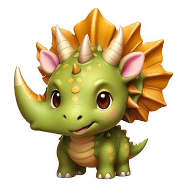 Cinematic Cute Triceratops Portrait Emoji, Head tilted playfully with a gentle smile, featuring a compact, sturdy body with three adorably prominent horns and a charmingly frilled head, Simplified yet irresistibly adorable features, highly detailed, glowing with a warm, inviting earthy glow, high shine, affectionate and lively, stylized with a touch of whimsical dinosaur charm, soft glowing outline, capturing the essence of a mischievous yet endearing Triceratops that seems as if it could trot out of the screen into your arms! sticker