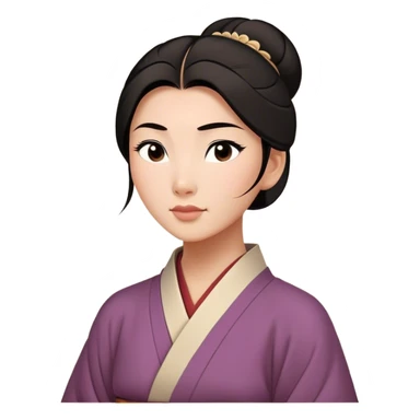 Cinematic Serene Mulan Portrait Emoji, rendered in a simplified vector style. Depict a gentle Mulan (chest and above) with warm, radiant skin, sleek dark hair pulled back in a neat bun, and a calm, thoughtful expression, wearing a simple traditional robe in muted hues. The design glows softly with an elegant, inviting light. sticker