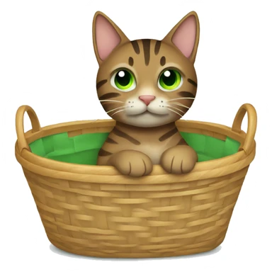  brown tabby cat with green eyes sitting in a basket with a handle sticker