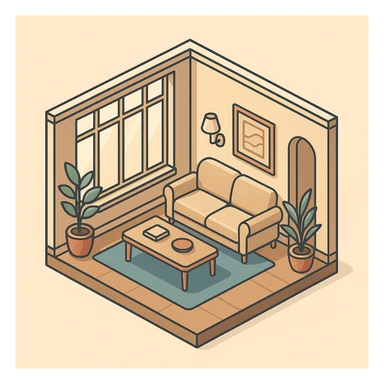 apartment interior isometric, luxury style, large windows, elegant decor sticker