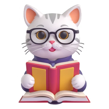 A cat with glasses reading a book, vibrant colors, detailed, playful sticker