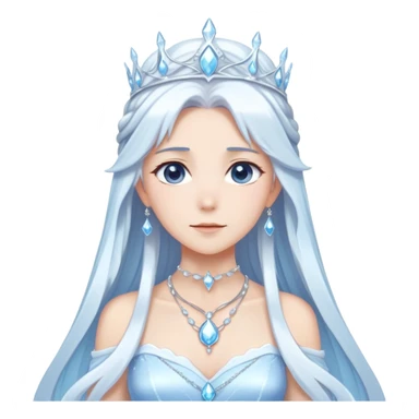 Shiny cute mature Beautiful anime ice queen with white long pretty hair with light-blue streaks, wearing an icy thin long dress and a silver tiara, necklace,  sticker