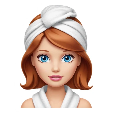 A Barbie face blue yeas with shoulder-length reddish brown hair, makeup with cream on face and a towel on her head sticker
