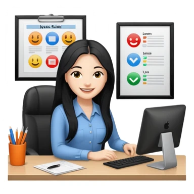 women working in office with black long hair and smile sticker