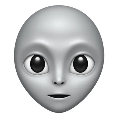 Grey alien head, almond-shaped black eyes, pale grey skin, cartoon emoji, no background sticker