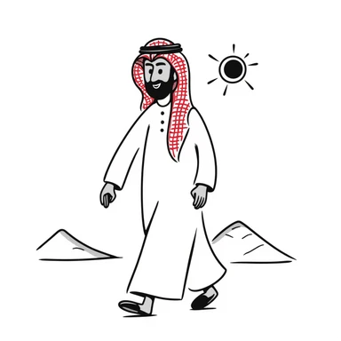 Arab man walking in desert, wearing white thobe and red checkered keffiyeh sticker