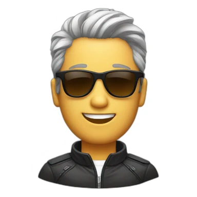 A man wearing shades and wearing a jacket with fancy hair  sticker