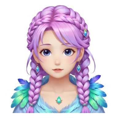 Beautiful gorgeous anime lady with beautiful iridescent-nebula-braided-hair, fashion aesthetic, ethereal, fairycore, pastelcore, feathers sticker