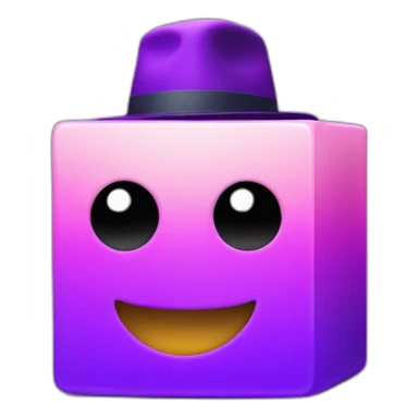 purple gradient smiling cube with 2 hands on its side and 2 legs below with a hat sticker