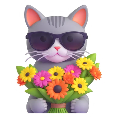 cat wearing sunglasses holding a bouquet of flowers sticker