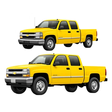 Simplified bright yellow 1997 Chevrolet C-2500 Crew Cab Silverado from Kill Bill, 30-degree angle, four-door pickup truck, minimal details, vibrant yellow color, iOS emoji style sticker