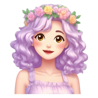 Gorgeous Shiny Colorful Pastel Anime Style Mature Lady with blushing face and pretty hair with a flower crown pastelcore kawaii cottagecore fairycore aesthetic trending style sticker