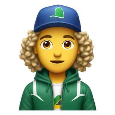 young white guy with small wavy hair with brazilian race jacket and hat serious sticker