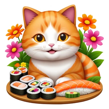 happy cat with flowers and sushi sticker