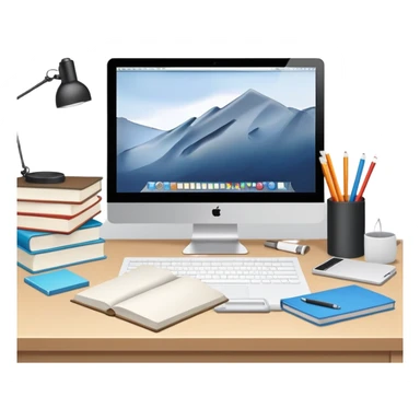 Computer on a desk with scattered books and notebooks sticker