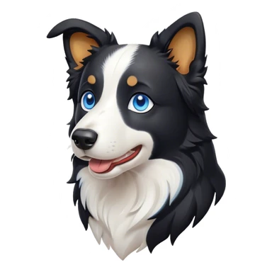 Cinematic Cute Border Collie Portrait Emoji, Head tilted playfully and inquisitively, with a sleek black and white coat and bright, sparkling blue eyes filled with curiosity, Simplified yet irresistibly adorable features, highly detailed, glowing with a warm, friendly glow, high shine, energetic and affectionate, stylized with a touch of whimsy, bright and endearing, soft glowing outline, capturing the essence of a mischievous yet loving pup, so playful it feels like it could bound out of the screen and into your arms! sticker