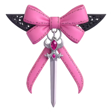 3D emoji style pink bow with gothic effect, black lace trim, silver dagger charm, and deep pink gemstone sticker