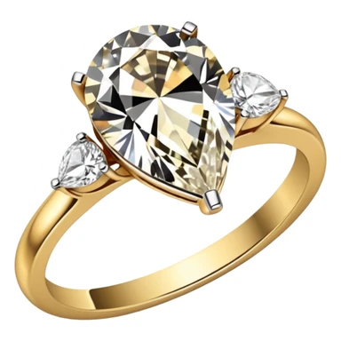 An engagement ring with a gold band with small round diamonds, and the diamond being a pear cut sticker