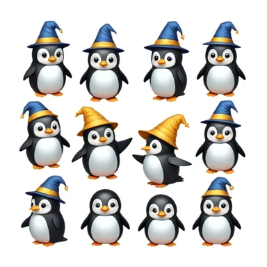 Create 12 penguin wizzard cartoon-style stickers, each showing a different expressive emotion: surprise, disappointment, joy, anger, sadness, kiss, wink, admiration, disgust, boredom, horror, and fun. sticker