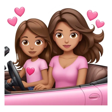 A mom brown long balayage Hair and one daughter Children brown hair,  driving in pink convertible with hearts  sticker
