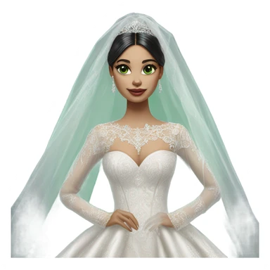 Hyper Realistic ornate ballgown long sleeve Wedding dress with diamanté on Russian bride with pale skin and green eyes and long black hair with veil hyper realistic  sticker