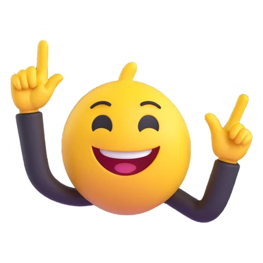 A 2D cartoon-style yellow emoji with a mischievous smile, shaped eyes, and both hands pointing upward with index fingers.  clean digital style, and a fun, dancing expression. Style similar to children’s drawing tutorials, dancing expression. No background, isolated on white.  sticker