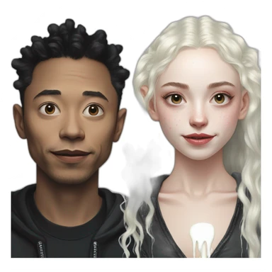 Grimes with drops of milk spray on face, elon musk smirking, duo sticker