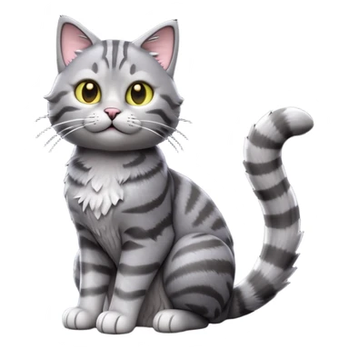 cinematic-[grey tabby cat]-realistic-full-body-sitting-emoji,-tail-curled-playfully-around-its-paws,-head-tilted-dramatically,-scruffy-[grey]-fur,-simplified-yet-realistic-focused-features,-highly-detailed,-glowing-with-an-almost-sarcastic-glow sticker