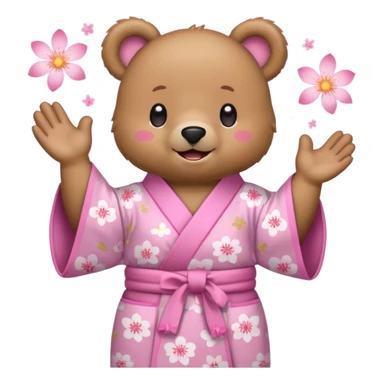 A cute light-brown bear wearing a pastel pink sakura-patterned kimono, normal balanced body ratio.  
Clapping hands cheerfully with a big bright smile and small spark effects around.  
Kawaii emoji style, minimalistic clean sticker illustration, white background.
 sticker